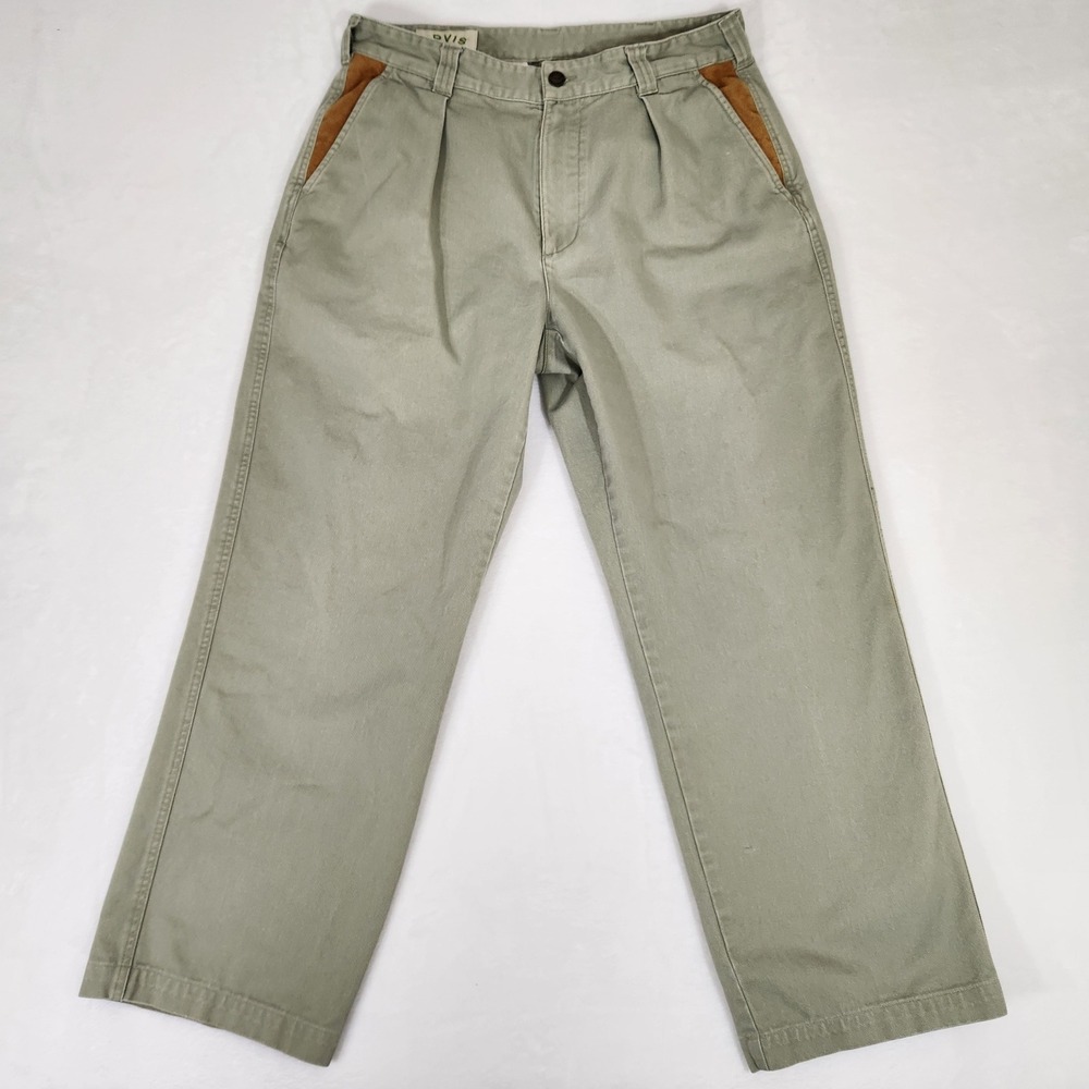 Orvis Mens Pleated Chino Pants Sage Green Leather Trim Cotton Trousers 34x27
